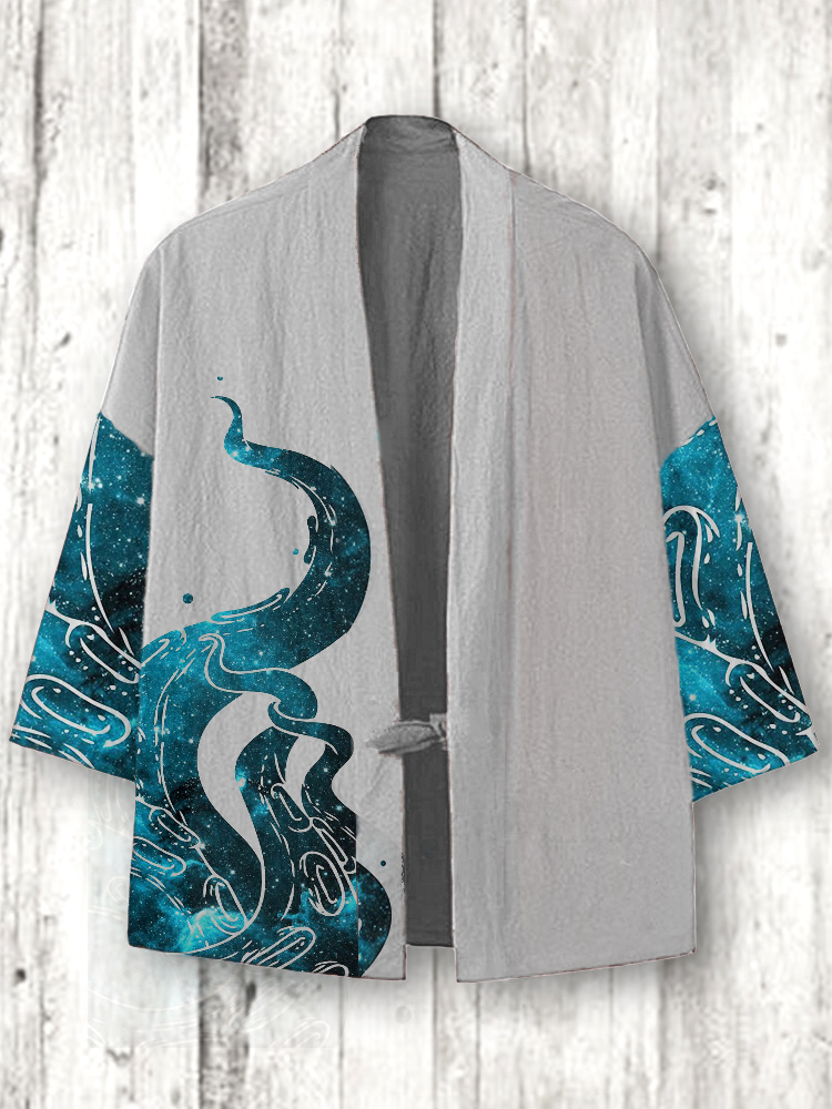 Ocean Octopus Japanese Art Linen Blend Kimono Cardigan