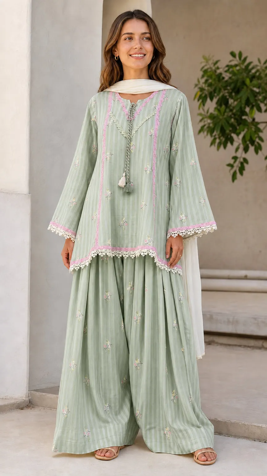 Ethnic Striped Kurti with Sharara and Dupatta Set