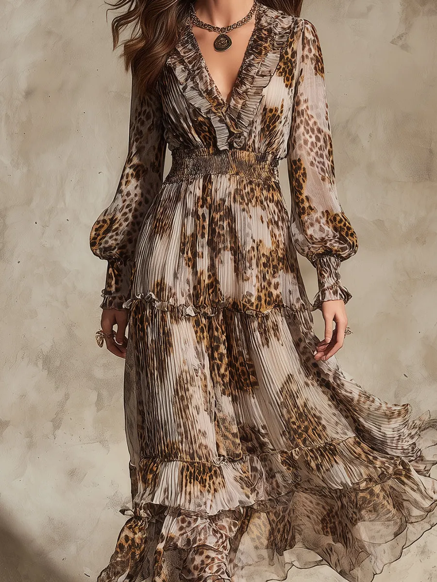 Vintage Leopard Print Ruffled Neckline Pleated Chiffon Maxi Dress