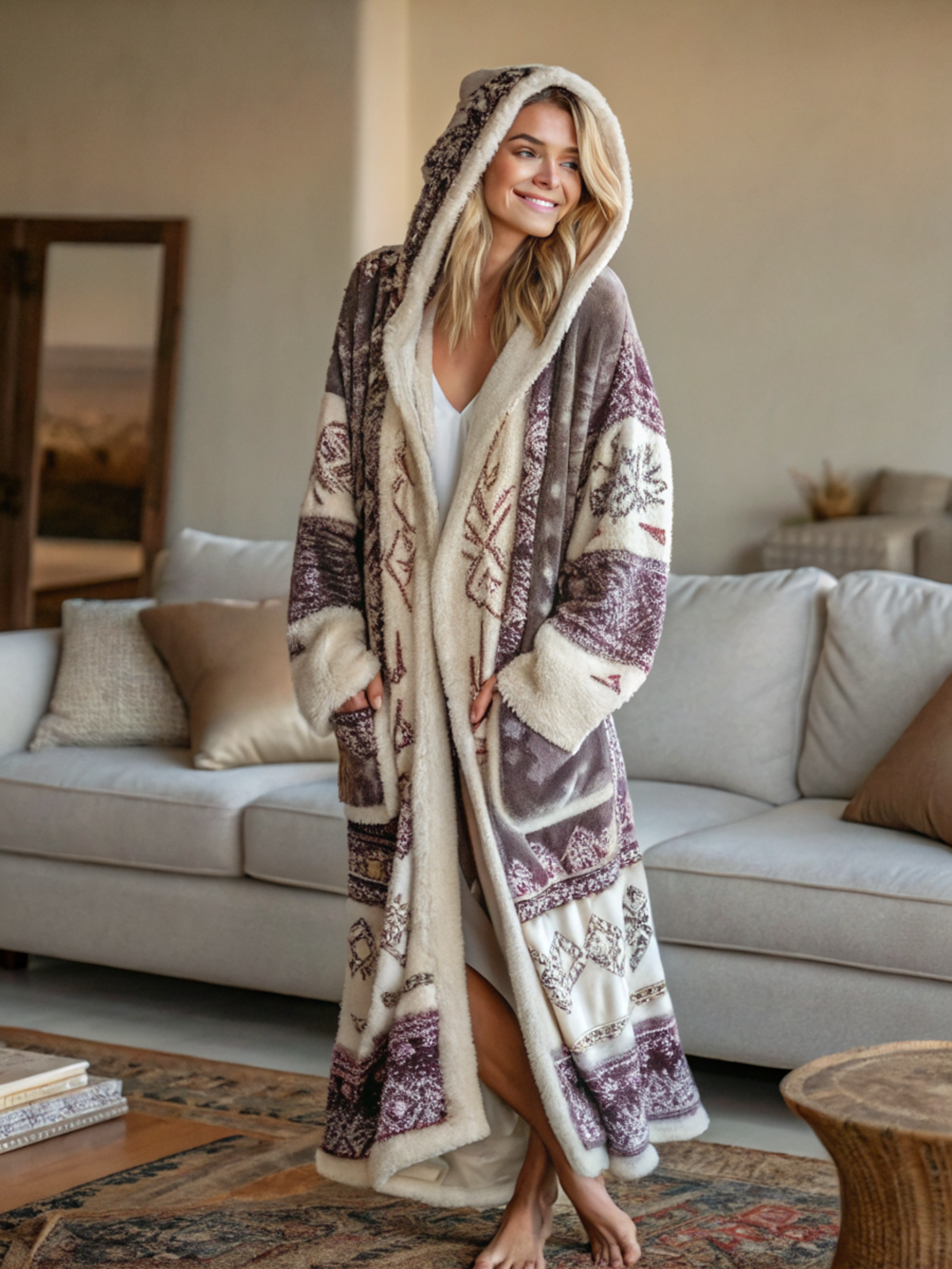 Women's Autumn and Winter Flannel V-Neck Hooded Cardigan Robe