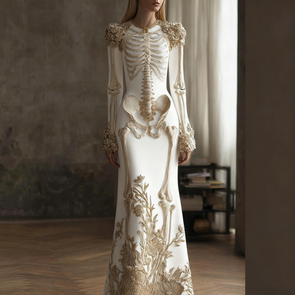 Women's Halloween Retro Anatomy Art And Flower Gothic Velvet Long Dress