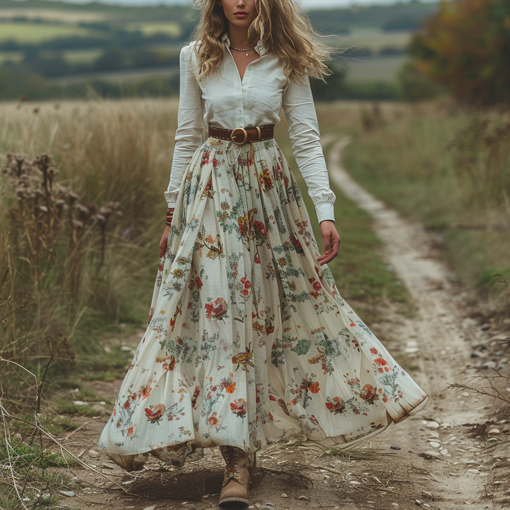 Retro V-neck Floral Long-sleeve Bohemian Pastoral Style Maxi Dress