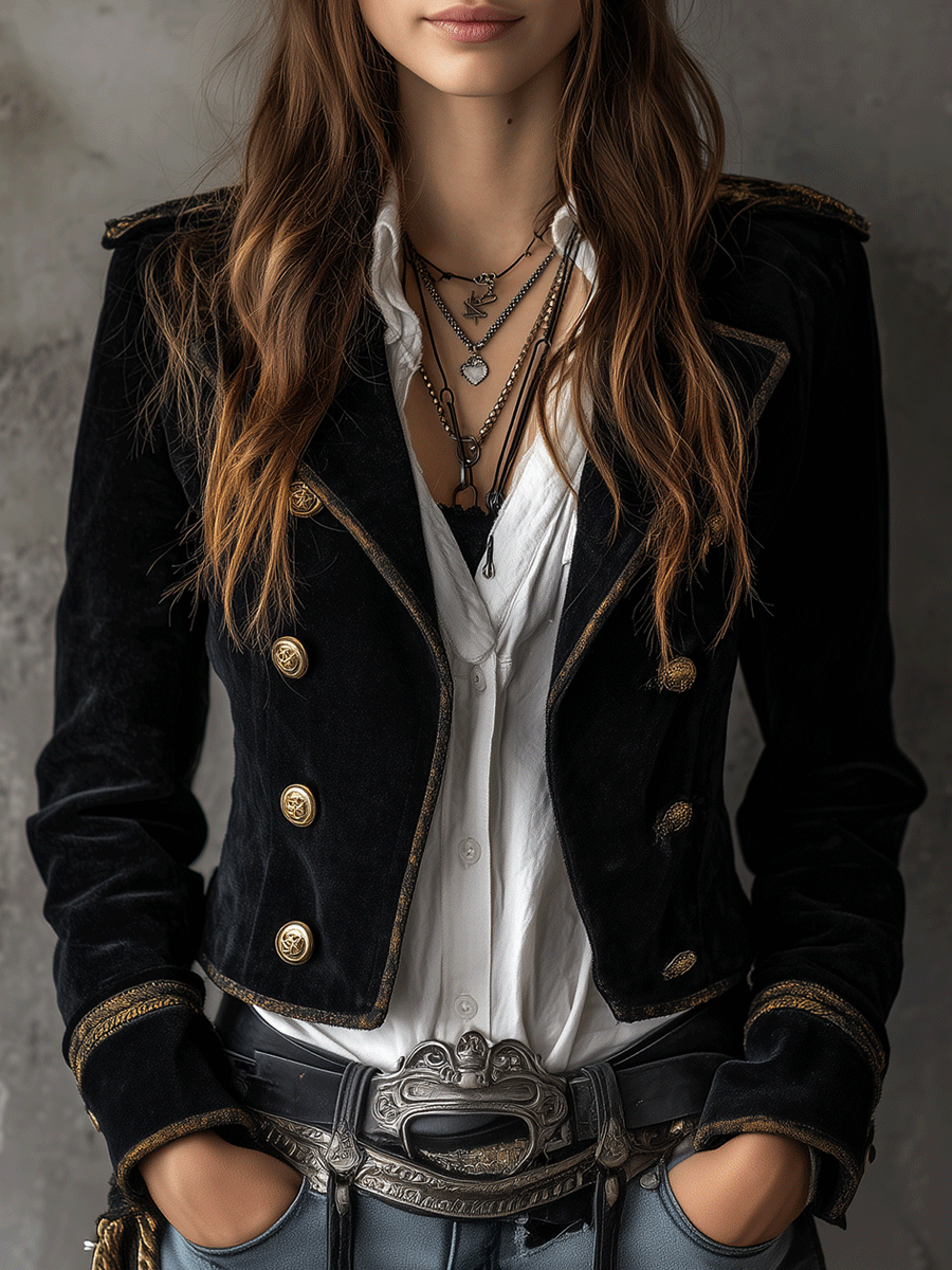 Retro Black Velvet Military Gold Button Detailing Blazer