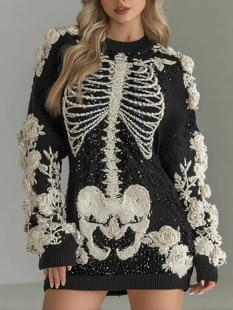 Women's Halloween Skeleton Bones With Rose Art Hot Sexy Style Cozy Knit Mini Sweater Dress