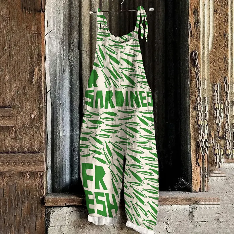 Retro Ocean Sardinas Fish Art Print Linen Loose Casual Jumpsuit