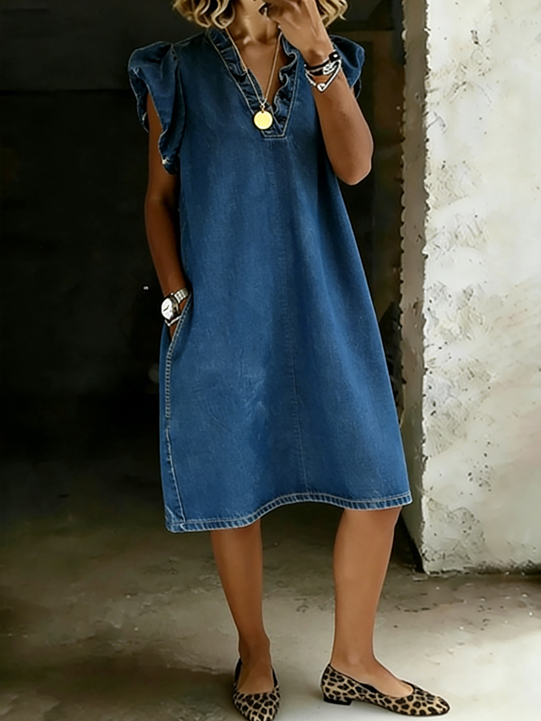 Ruffled Cotton Denim Casual Loose Dress