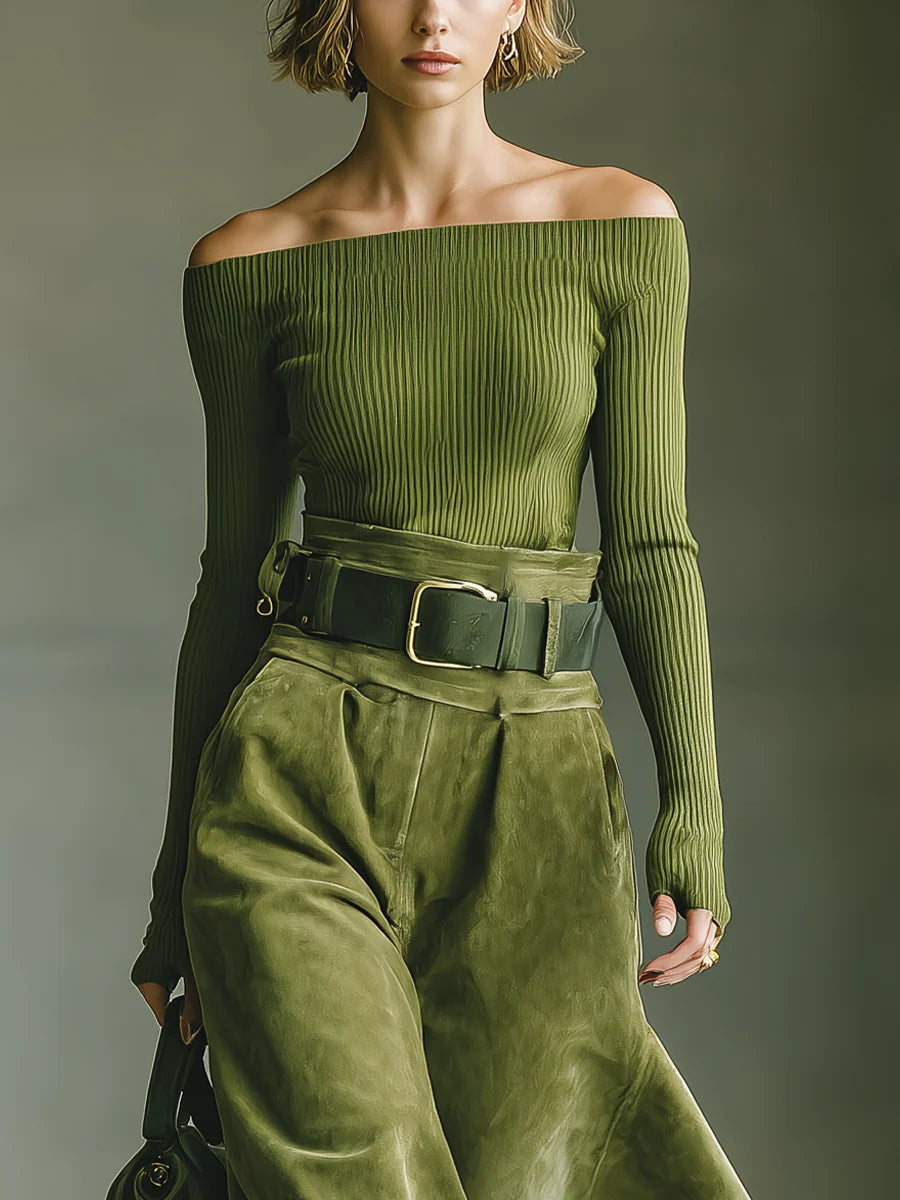 Olive green off-shoulder top and faux suede skirt set(Includes belt)