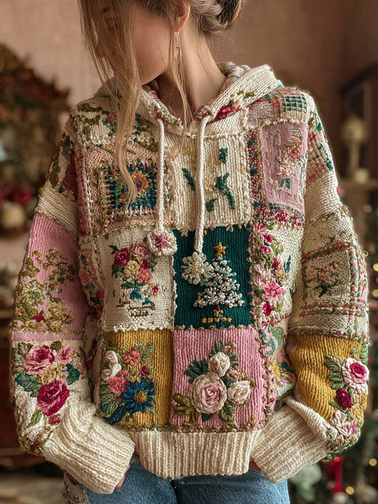 Women's Christmas Tree And Floral Pattern Knitted Hooded Sweater