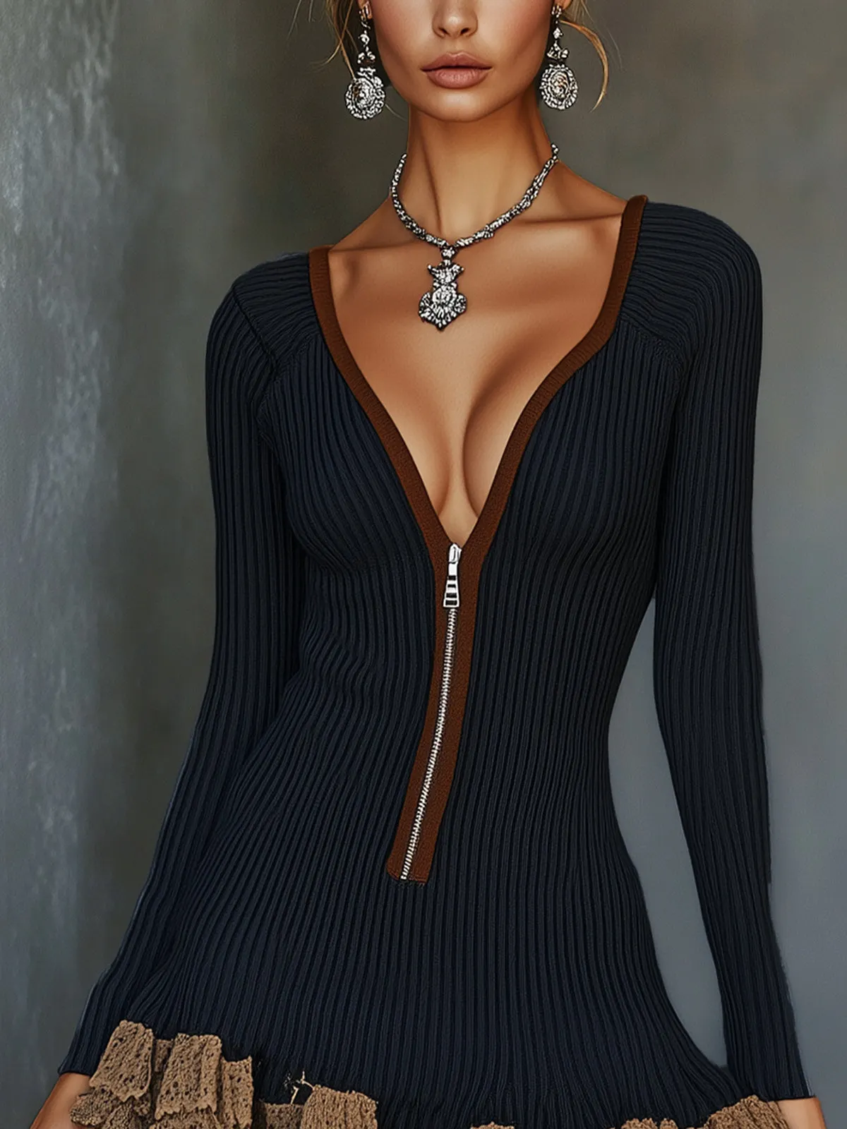 Blue Zip-Front Knit Mini Dress Brown Ruffled Hem