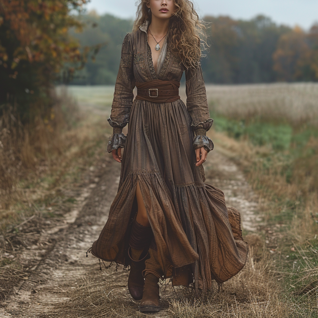 Vintage V-neck Bohemian Pastoral Style Long-Sleeve Maxi Dress