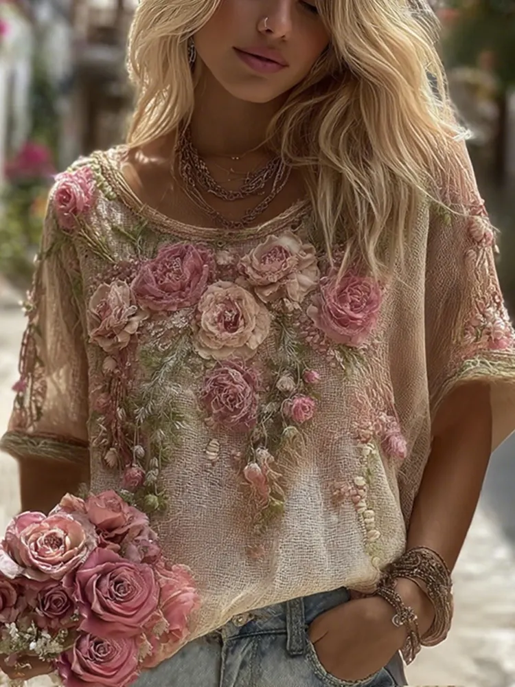 Women's Bohemian Floral Embroidery Art Linen Blend Middle Sleeve T-shirt