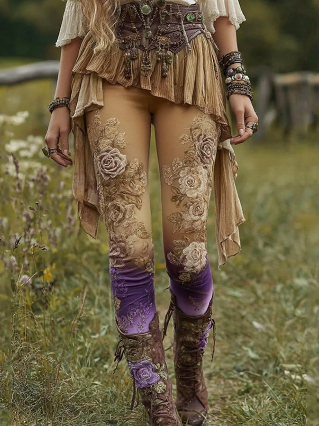 Vintage Purple Lavender And Floral Embroidered Casual Leggings