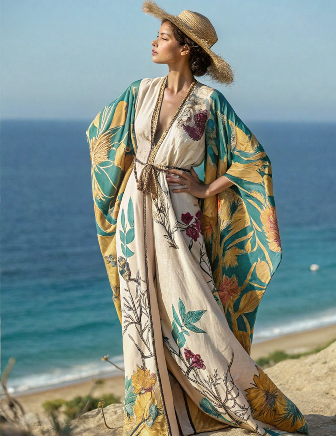 Artistic floral seaside resort pattern kimono robe (with belt)