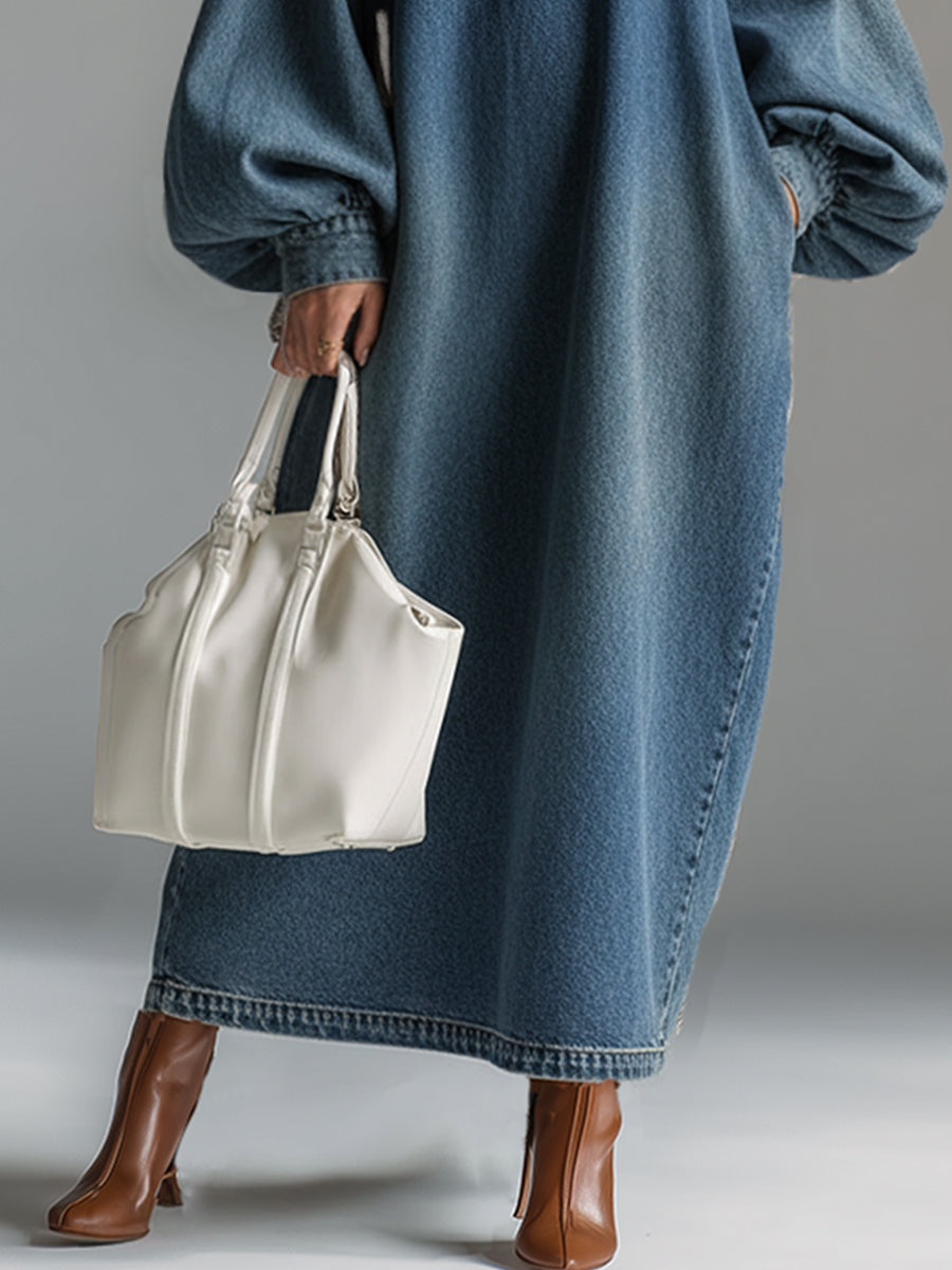 Elegant Urban-style Blue Denim Button-down Maxi Dress