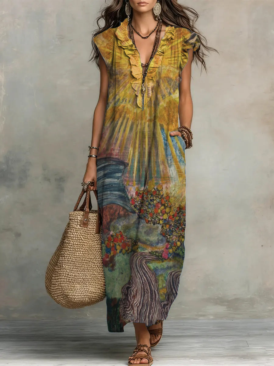 Art Print V-Neck Ruffle-Trim Maxi Dress