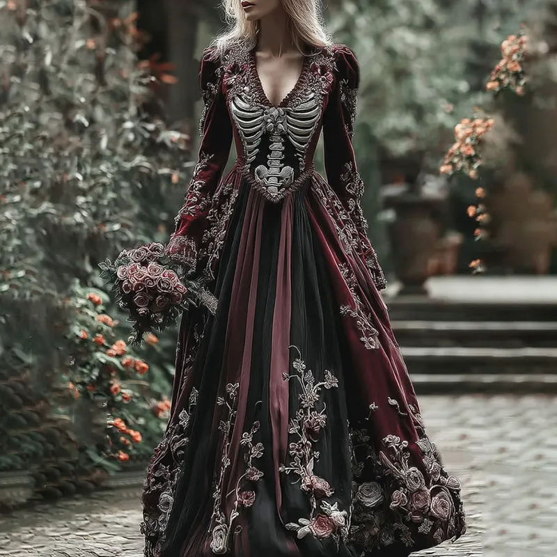 Vintage Skull Skeleton And Red Roses Flowy Maxi Dress