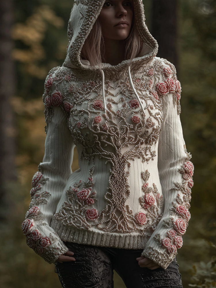 Women's Viking Style Tree Of Life Beaded Hooded Sweater