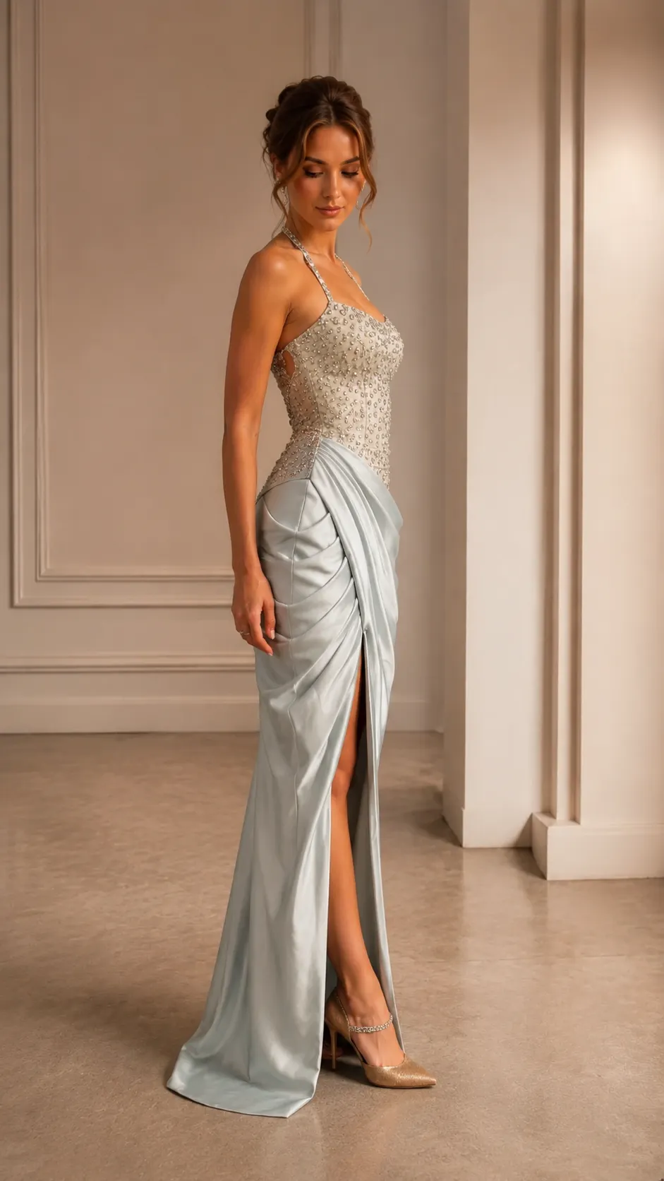 Halter Satin Drape Evening Gown