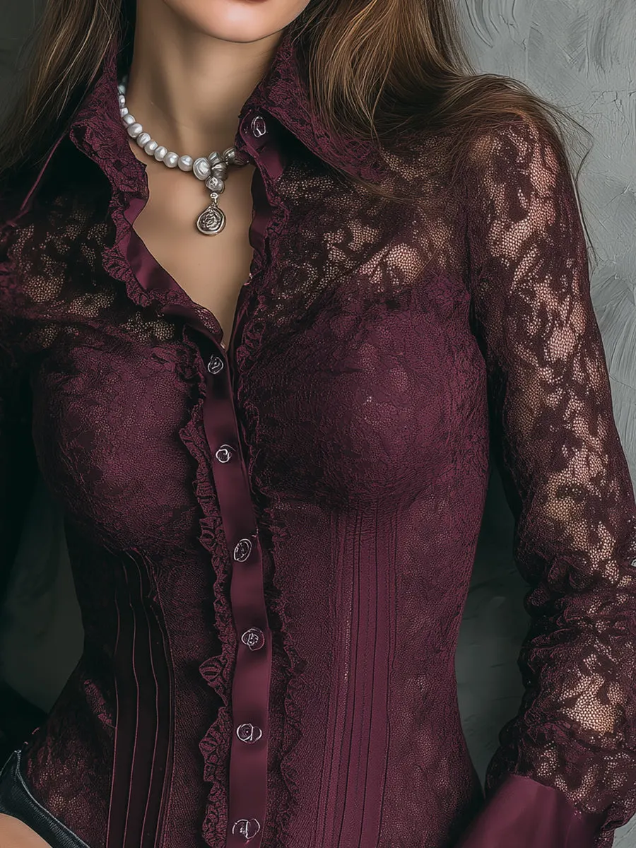 Retro Elegant Lace Satin Stitching Blouse