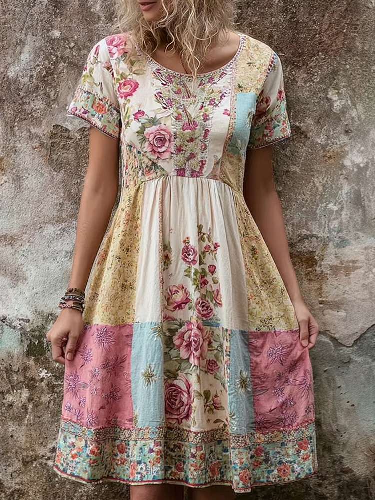 Vintage Boho Floral Patchwork Comfy Linen Midi Dress