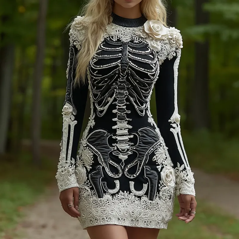 Women's Halloween Skeleton Bones Leather With Rose Pattern Art Hot Sexy Style Cozy Knit Mini Sweater Dress
