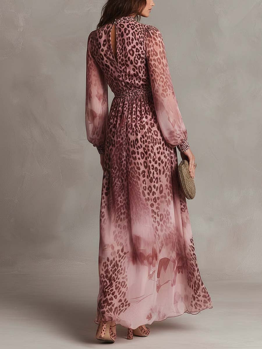 Pink Floral Leopard Chiffon Maxi Dress
