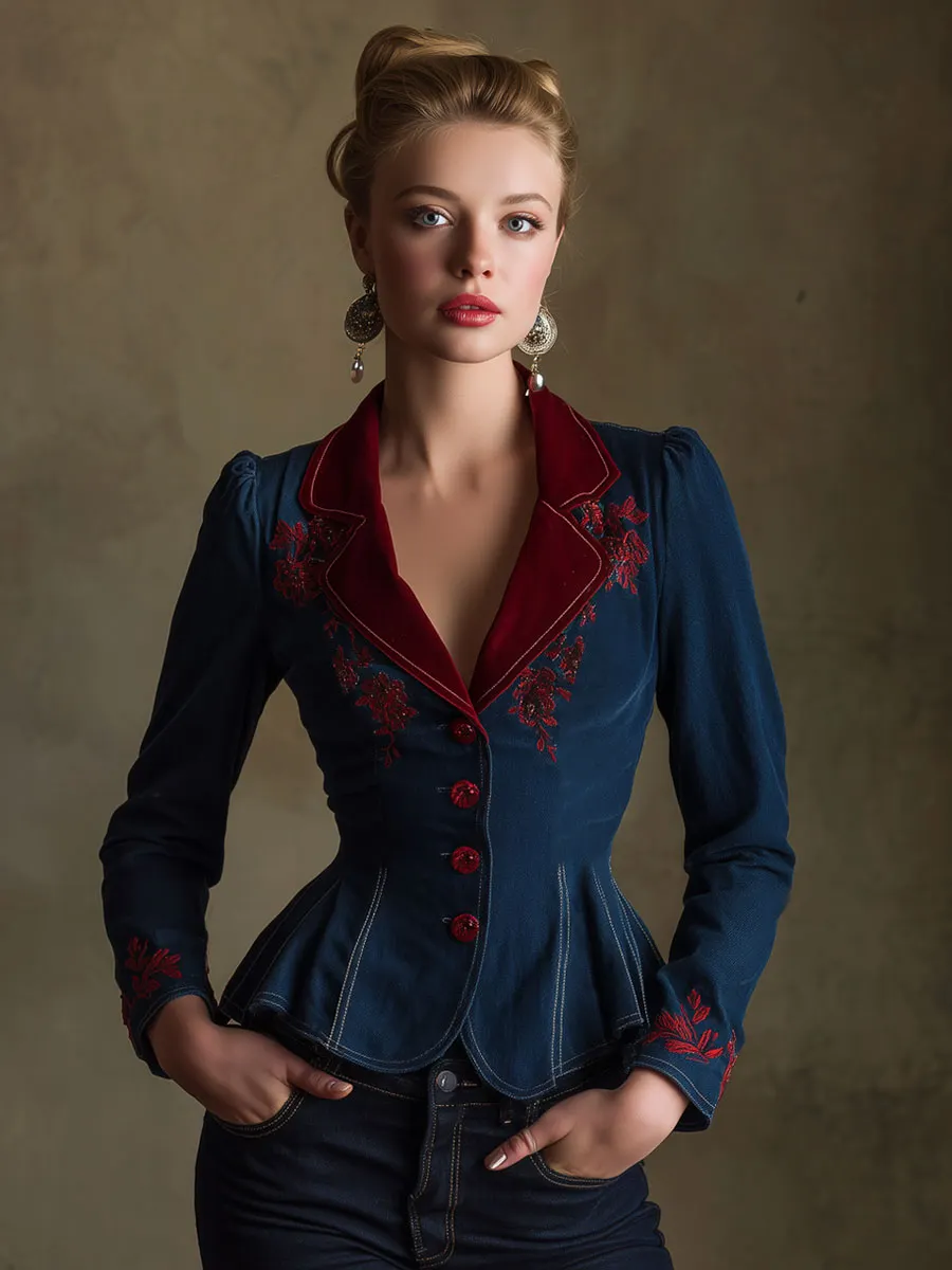 Retro Velvet Lapel Embroidered Dark Blue Denim Fitted Ruffled Blazer