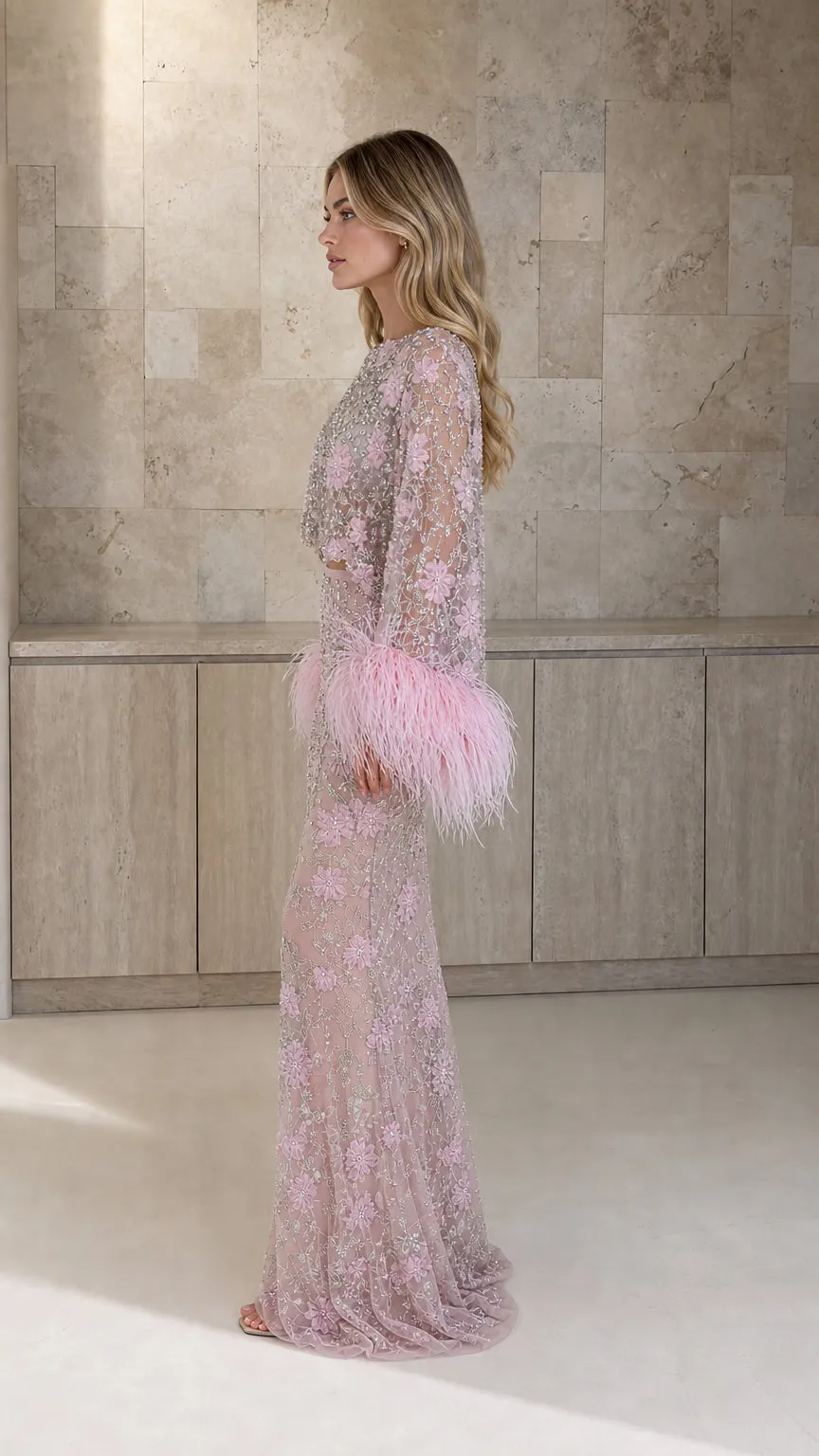 Embellished Two-Piece Feather Trim Crop Top and Maxi Skirt Set