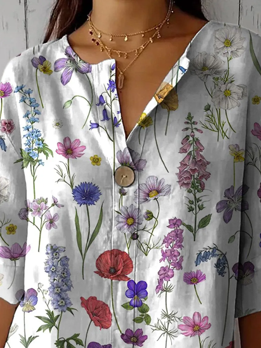 Spring Botanical Garden Pattern Printed Women's Casual Cotton Linen Shirt
