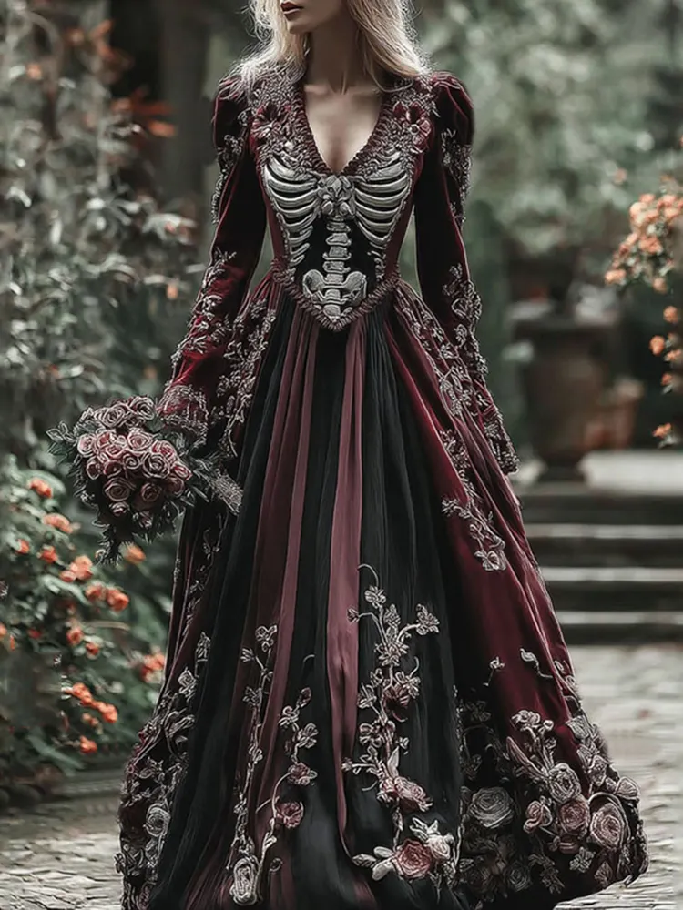 Vintage Skull Skeleton And Red Roses Flowy Maxi Dress