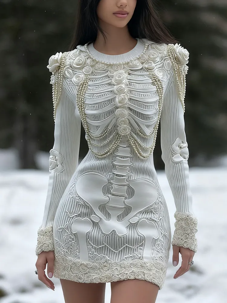 Women's Vintage Halloween Skeleton Bones With White Rose Art Cozy Knit Mini Sweater Dress