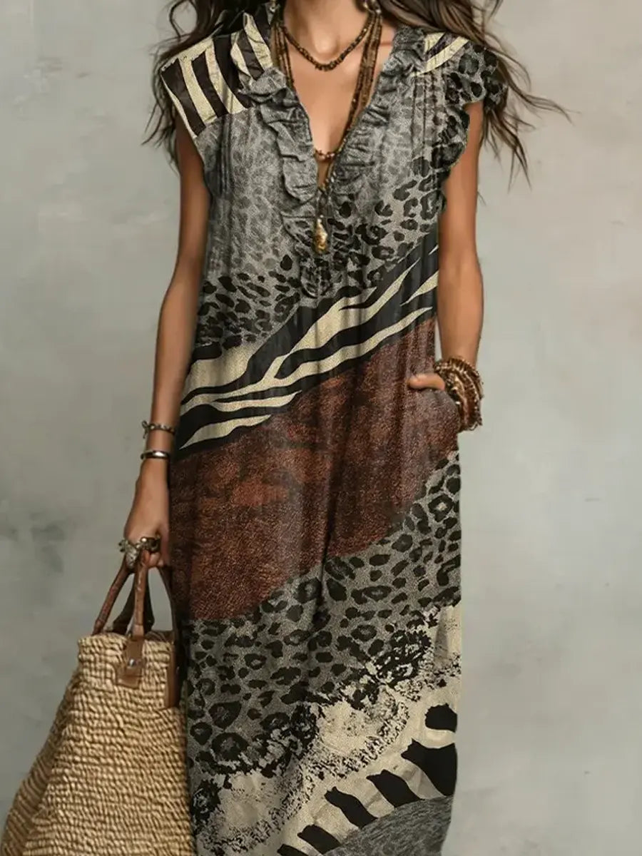 Printed V-Neck Ruffle-Trim Maxi Dress