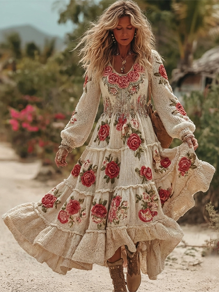 Women's Vintage Romantic Rose Embroidery Art Comfy Knitted Maxi Dress
