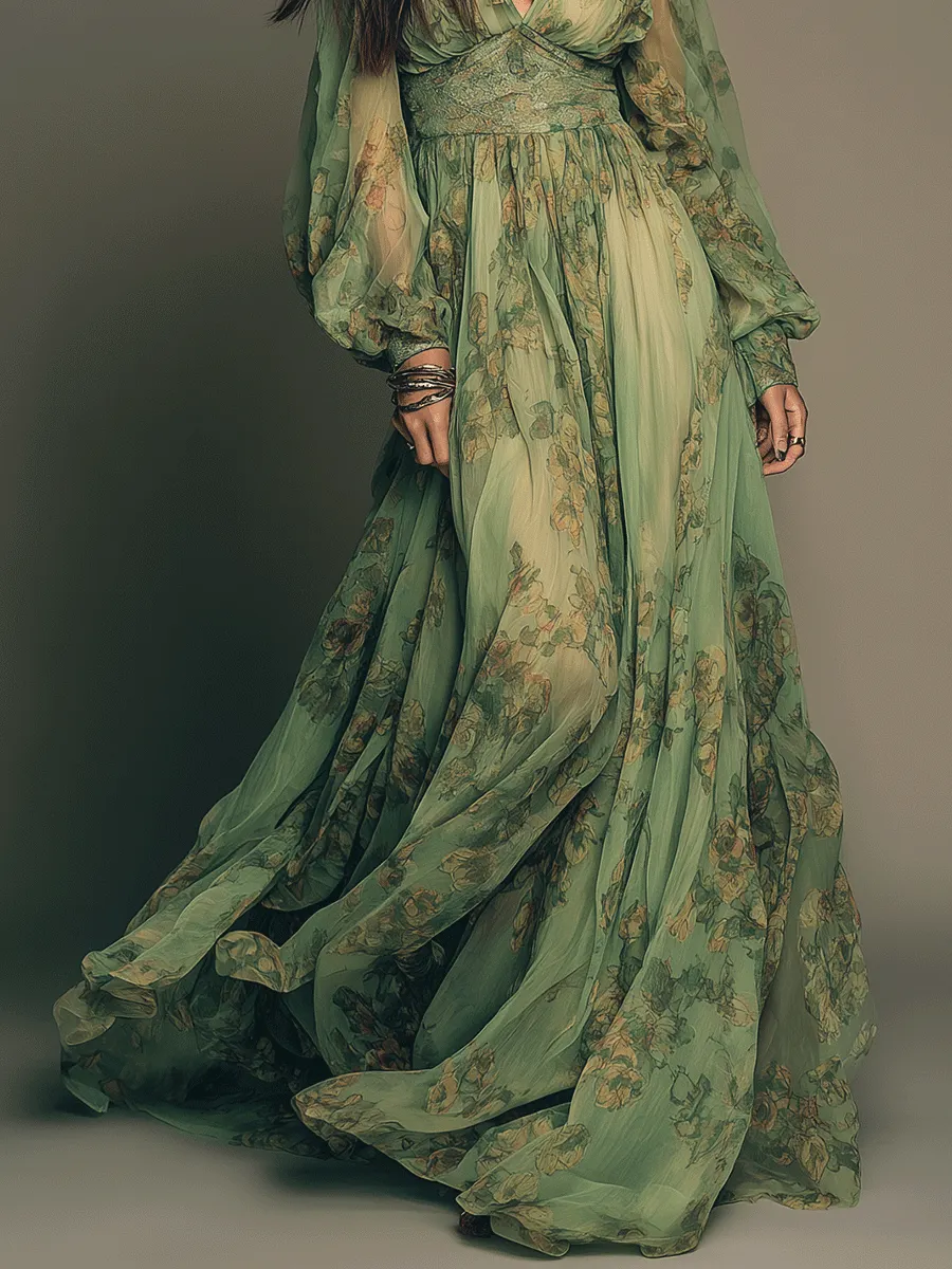 Vintage Green Bohemian Floral Ruffle Maxi Dress