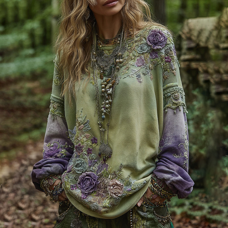 Vintage Purple Lavender And Floral Embroidered Casual Sweatshirt