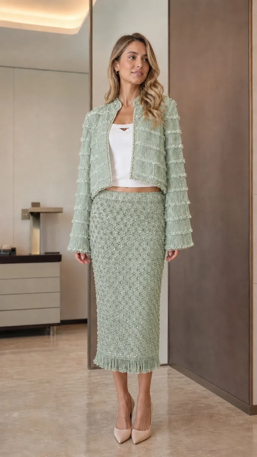 Elegance Tweed Open-Front Crop Jacket & Midi Skirt Set