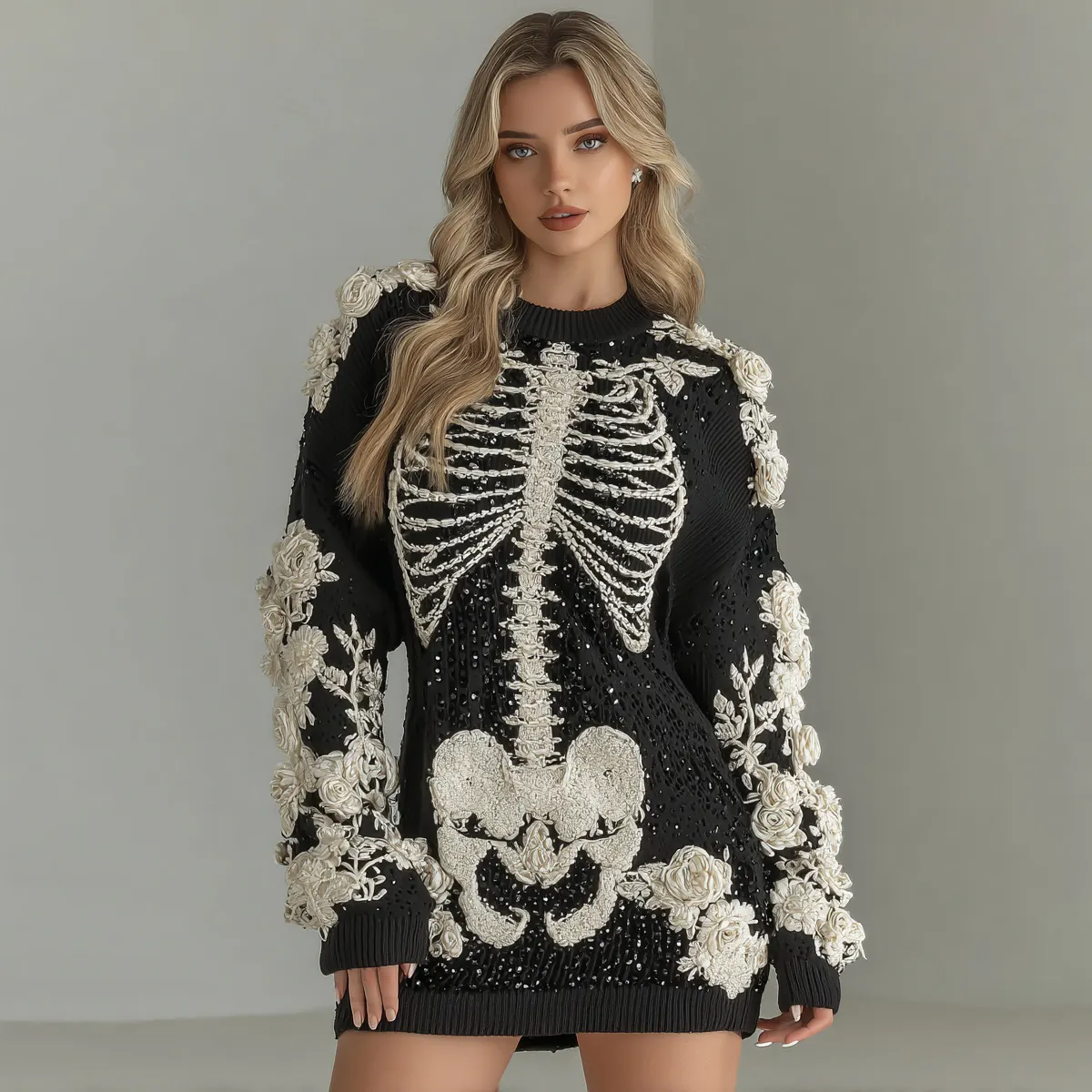 Women's Halloween Skeleton Bones With Rose Art Hot Sexy Style Cozy Knit Mini Sweater Dress