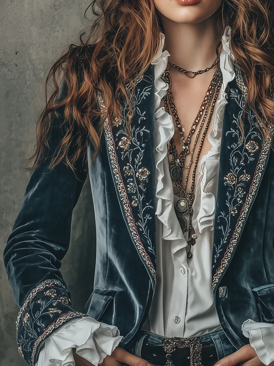 Vintage Flower Embroidered Cuffs Polyester Velvet Blazer
