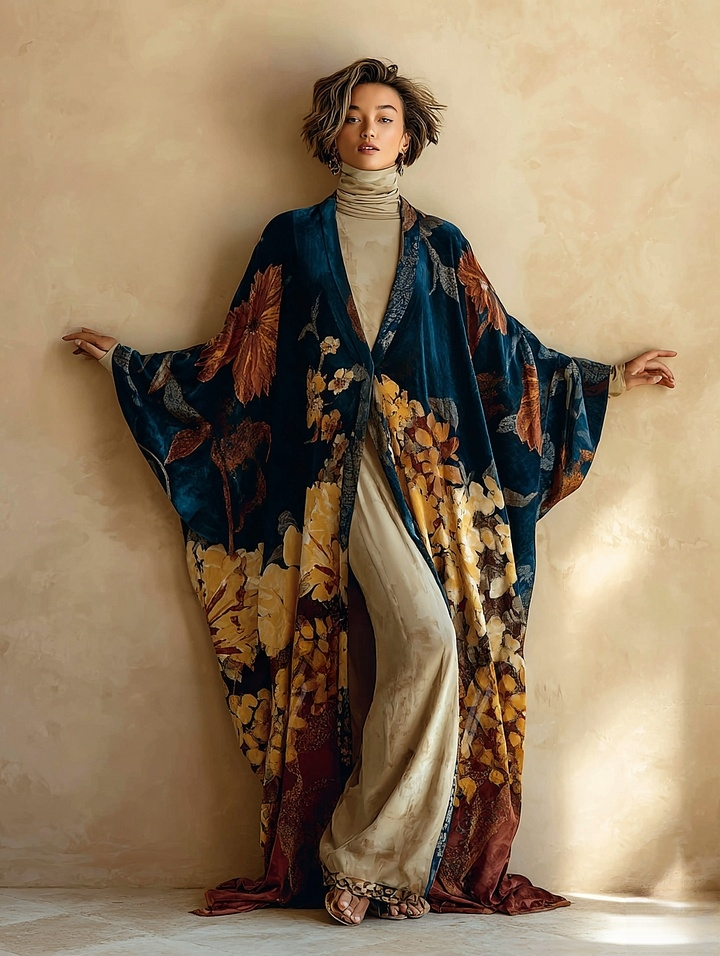 Women's Velvet Vintage Printed Cardigan Gown