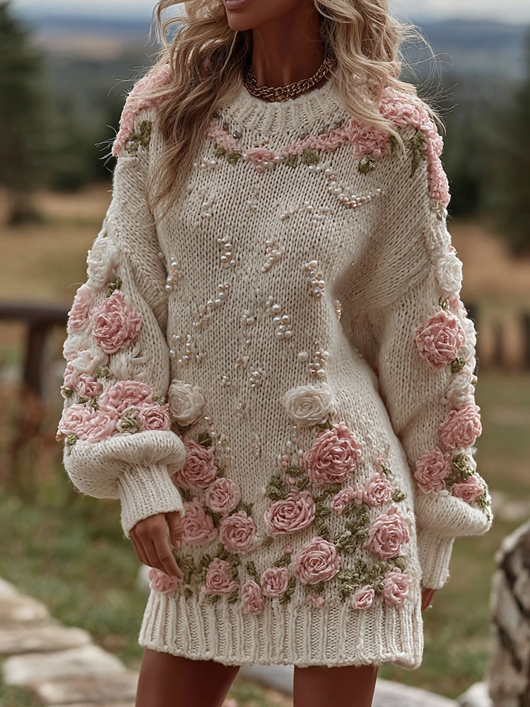 Women's Rose Art Cozy Knit Mini Sweater Dress