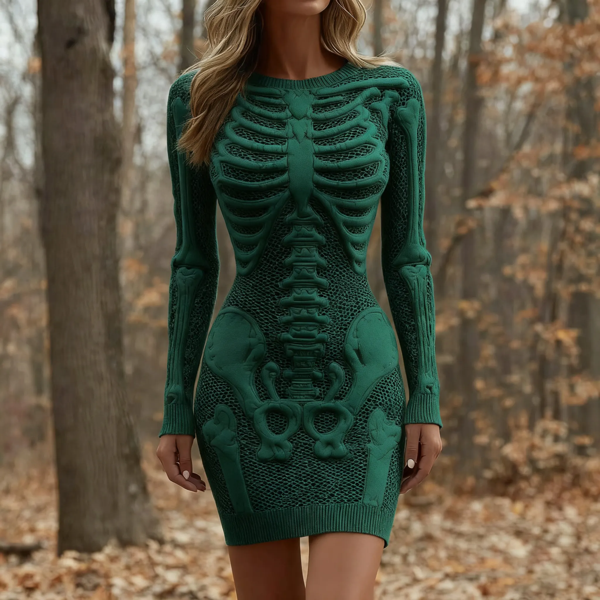 Women's Vintage Halloween Skeleton Bones Comfortable Elegant Sweater Dress