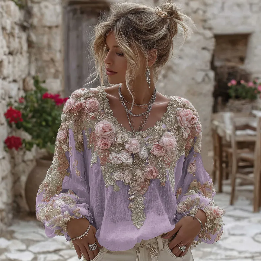 Women's Vintage Pink Rose Embroidery Art Round Neck Linen Blend T-shirt