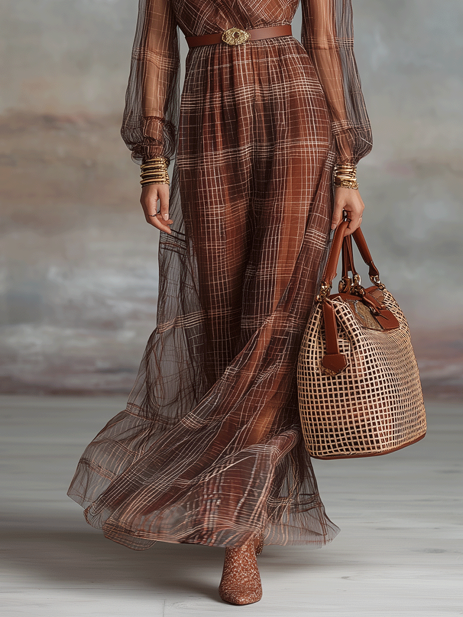 Bohemian Plaid Print Chiffon Maxi Dress