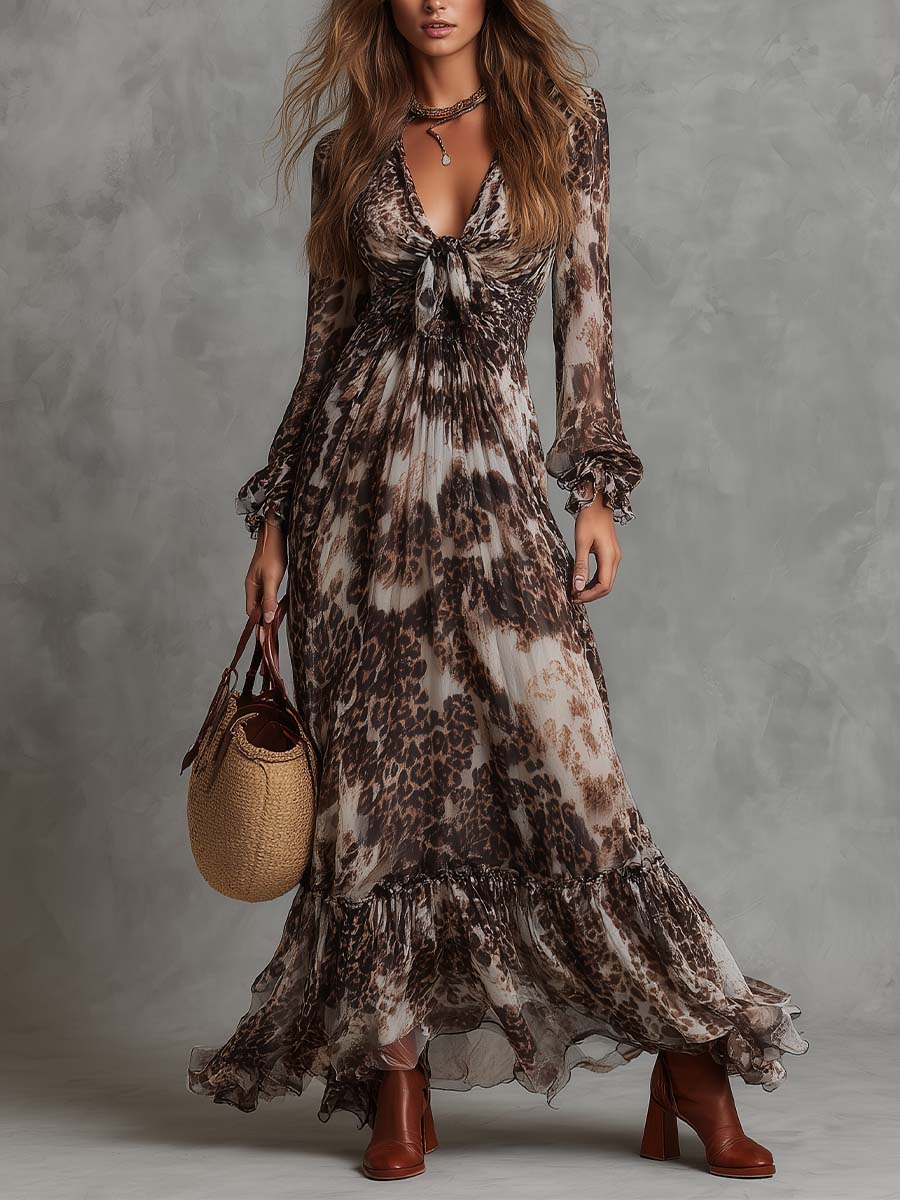 Leopard Chiffon Long-Sleeve Tie-Front Maxi Dress