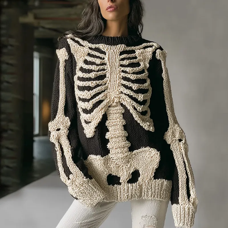 Women's Vintage Halloween Skull Embroidered Sweater