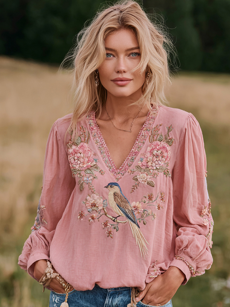 Women's Bohemian Pink Floral And Birds V-neck Long-sleeved T-shirt
