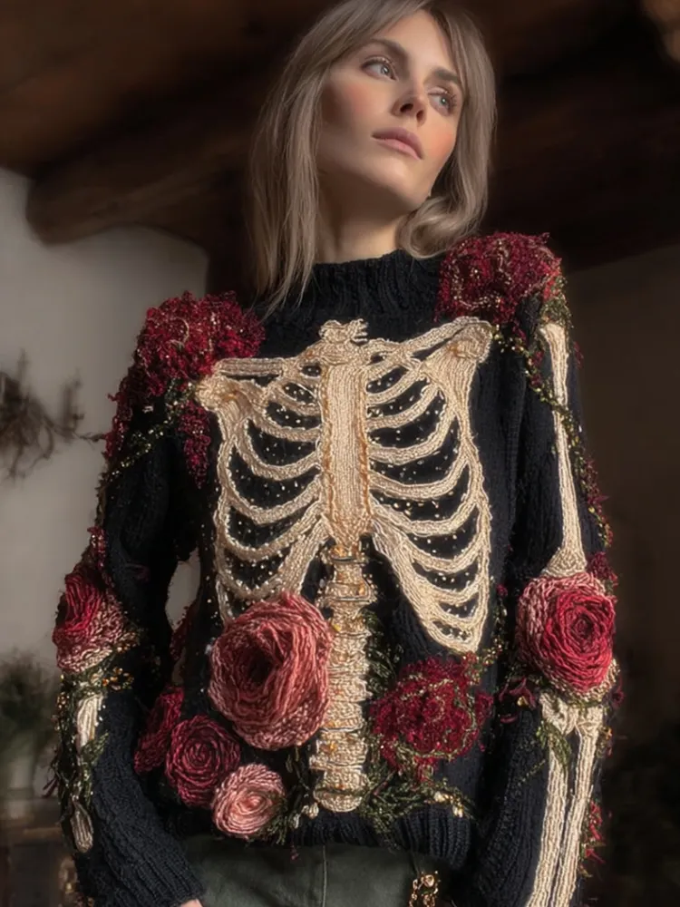 Women Halloween Ancient Human Anatomy And Red Rose Ancient Round Neck Sweater