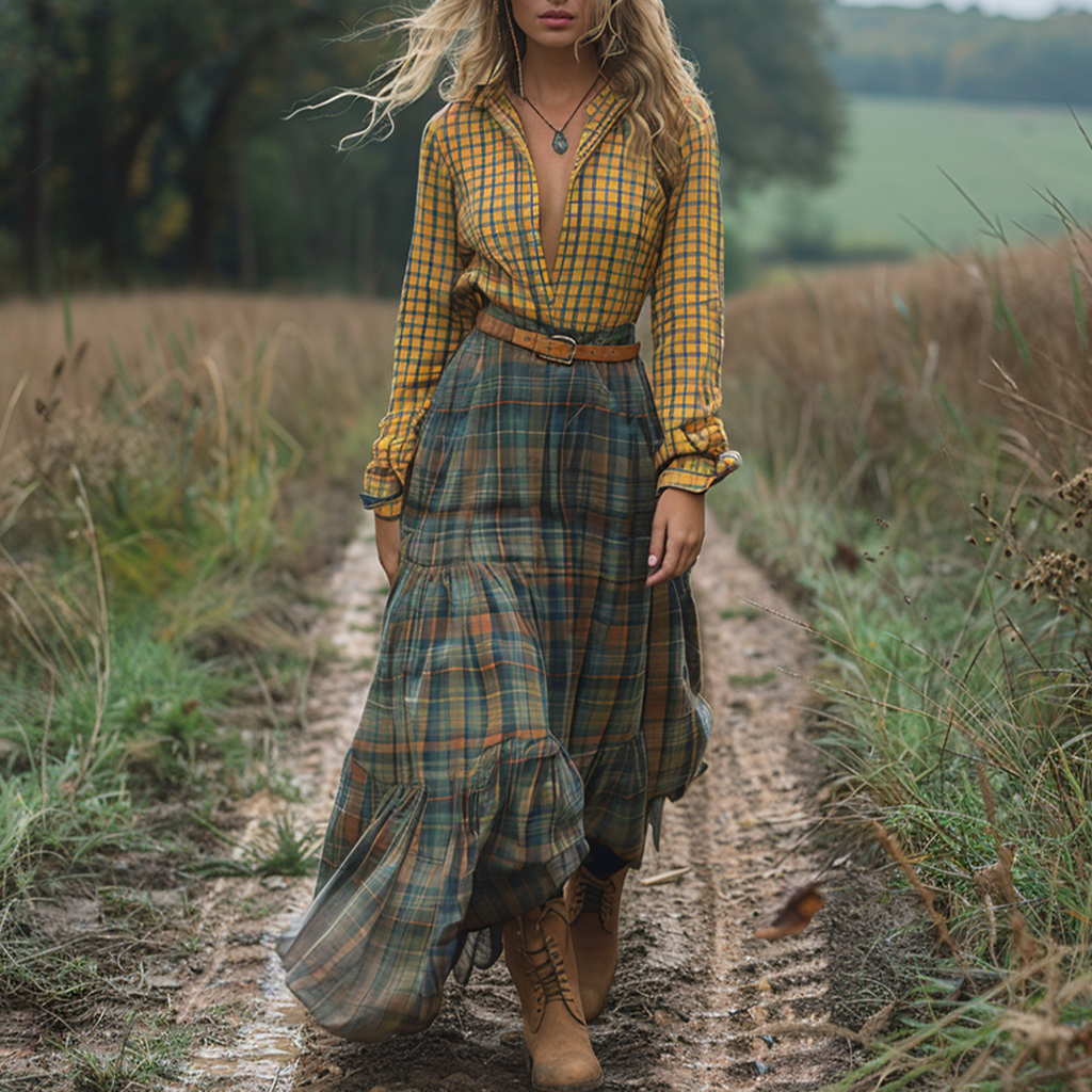 Vintage V-neck Bohemian Pastoral Plaid Style Long-sleeve Maxi Dress
