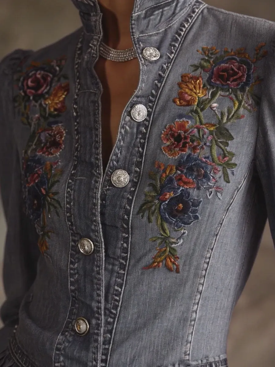 Casual Retro Floral Embroidered Ruffled Gray-blue Denim Jacket