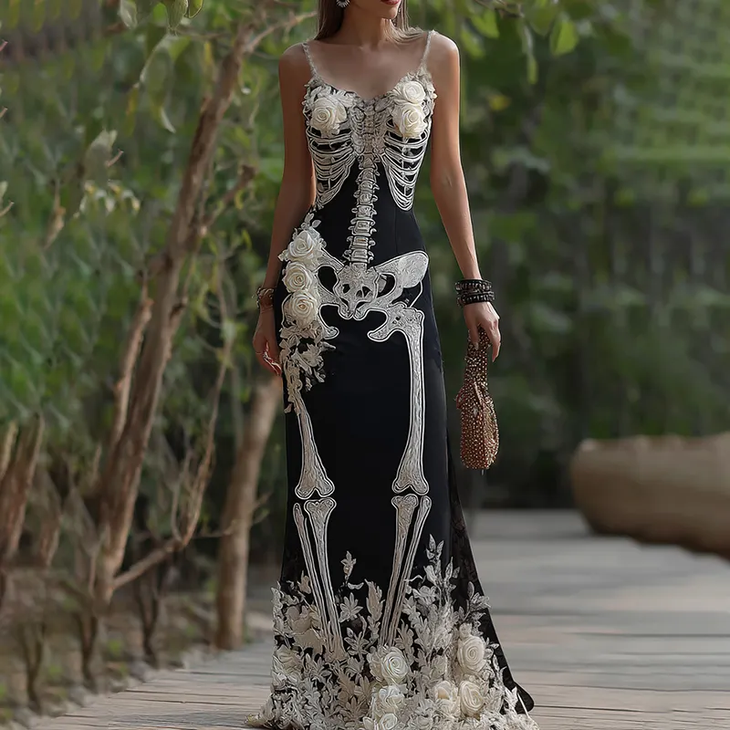 Women's Vintage Halloween Skeleton Bones With Rose Art Cozy Sleeveless Maxi Dress
